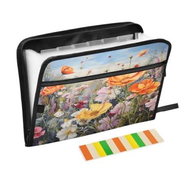 Imagem de CEBUGI Pasta expansível de 13 bolsos, impermeável, sanfonada, organizador de arquivos com etiquetas tamanho A4, organizador de documentos de papel para escola, material de escritório, flores