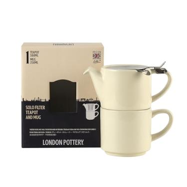 Imagem de London Pottery Bule de chá e caneca com filtro Solo para um conjunto, cerâmica, marfim, tampa de aço inoxidável, infusor removível para chá de folhas soltas, presente (bule de chá - 300 ml, caneca -