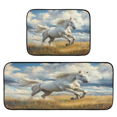 Imagem de STAYTOP Tapetes de cozinha de cavalo branco, 2 peças, tapete de entrada frontal, antiderrapante, alivia a fadiga, lavável, tapete para cozinha, quarto, varanda