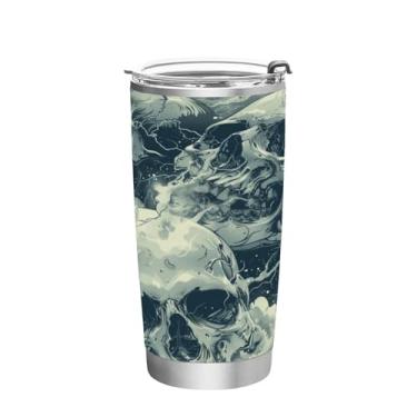 Imagem de STAYTOP Copo de aço inoxidável com caveira aterrorizante cinza 590 ml, copo de café isolado com tampa e canudo, caneca de café de viagem de parede dupla para bebidas quentes e frias