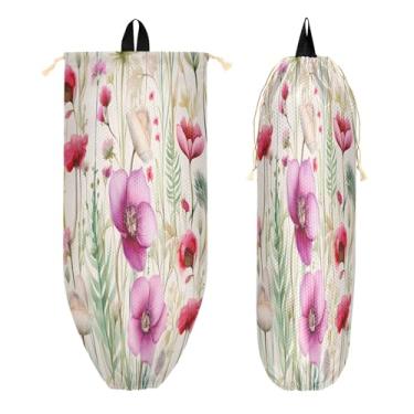 Imagem de xigua Suporte de parede para saco plástico de flores coloridas com cordão 1 pacote, organizador de sacolas de supermercado reutilizável para bolsas, meias, roupas íntimas e gravatas