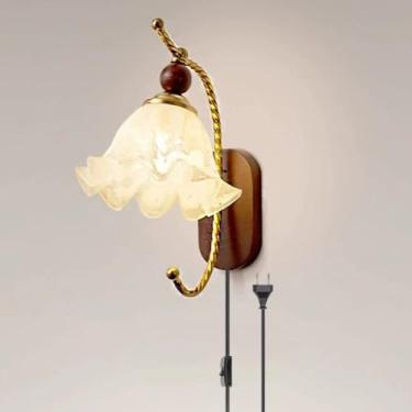 Imagem de Luminária de parede de madeira com interruptor e cabo, estilo retrô, em formato de flor, com cúpula de vidro para ambientes internos, ideal para sala de estar com plugue, arandela art déco m