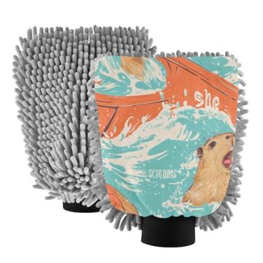 Imagem de STAYTOP Lindas luvas de lavagem de carro capivara de desenho animado, 2 peças, luvas de microfibra de chenille, sem arranhões, panos de esponja de lavagem ultra absorventes para carros, limpeza