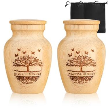Imagem de Conjunto de 2 urnas pequenas para lembranças de cinzas humanas, bambu feito à mão, mini urna de lembrança de cremação para memorial funerário ou decoração de casa, 5 cm L x 7,6 cm A
