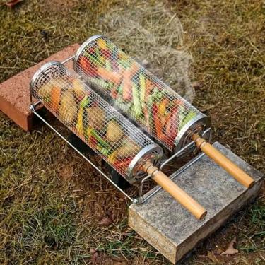 Imagem de Cestas rolantes para churrasco com alça para churrasqueira ao ar livre, gaiola cilíndrica grande de rotação de malha redonda