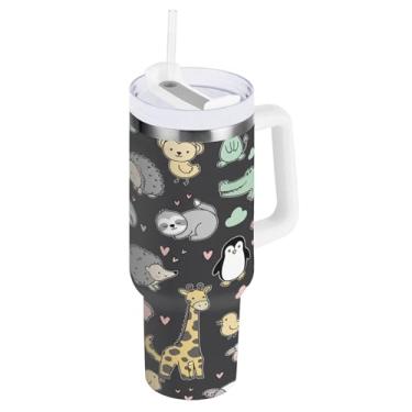 Imagem de Blueangle Copo isolado de animais do Dia dos Namorados de 850 g com alça e tampa de palha, caneca de viagem reutilizável de aço inoxidável (415)