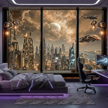 Imagem de Lifeel Tapeçaria Cyberpunk City, Horizonte Futuro Tapeçarias de Janela Estética para Decoração de Casa Sala de Jogos Quarto Sala de Estar, 152 x 203 cm