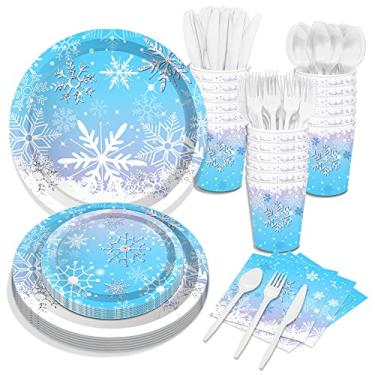 Imagem de Conjunto de utensílios de mesa com 116 peças de floco de neve, inverno, país das maravilhas para festa de aniversário, serve 16, pratos de papel, prato de sobremesa, guardanapos, copos, descartáveis,