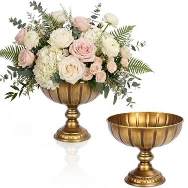 Imagem de Vasos de flores dourados envelhecidos para centros de mesa, tigela de flores vintage com pedestal de metal, vaso de ouro rústico para decoração de mesa de casamento, arranjos florais, decoração de