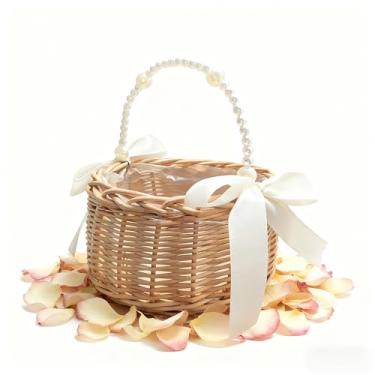 Imagem de XINKORA Cesta de daminha de flor com alça de pérola, pequena cesta de vime com laço decorativo para cerimônia de casamento, festa, decoração de casa e jardim