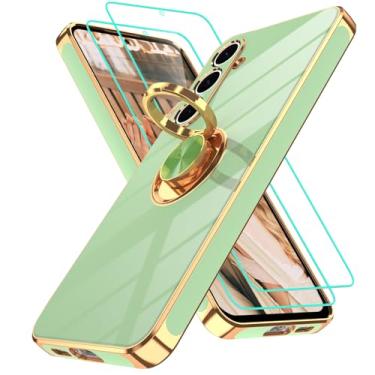 Imagem de Gritup Capa para Galaxy S24 FE | 2 peças protetoras de tela | Suporte magnético de rotação de 360°, borda dourada revestida de TPU macio à prova de choque para Samsung S24 FE, verde ervilha