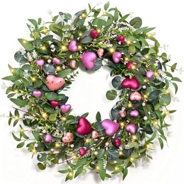 Imagem de Waipfaru Guirlanda de dia dos namorados de 61 cm, guirlanda de dia dos namorados para porta da frente com corações rosa e vermelhos e folhas de eucalipto, guirlanda de dia dos namorados para decoração