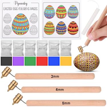 Imagem de AmazingSpark Kit de decoração de ovo ucraniano Kistka com 10 peças, inclui 3 pontas finas de latão Kistka, cera de abelha de 6 cores e 1 manual de instruções para decoração de ovos de Páscoa