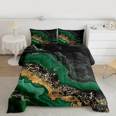 Imagem de Feelyou Conjunto de edredom de mármore verde, moderno, estético, com 2 fronhas, retrô, aquarela, design de microfibra, Queen, preto, dourado, para decoração de quarto, edredom macio