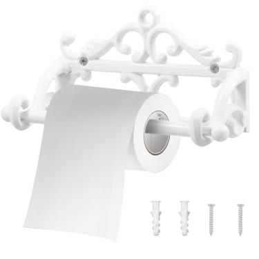 Imagem de Suporte de papel higiênico de ferro vintage, suporte de papel higiênico rústico fundido, design vintage europeu, suporte de rolo de papel higiênico rústico tradicional para cozinha e banheiro (branco)