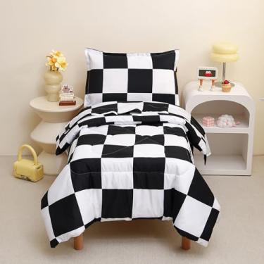Imagem de Caressma Jogo de cama infantil xadrez, clássico preto e branco, xadrez, buffalo, 4 peças, lençol com elástico, lençol de cima, fronha