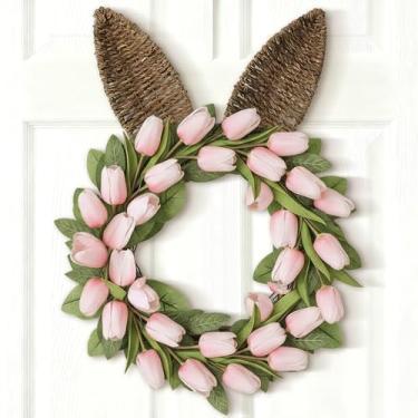 Imagem de Norme Guirlanda de tulipa de primavera de coelho da Páscoa de 45,7 cm com folhas verdes, guirlanda de tulipa rosa artificial para porta da frente, porta externa, decoração de parede e janela
