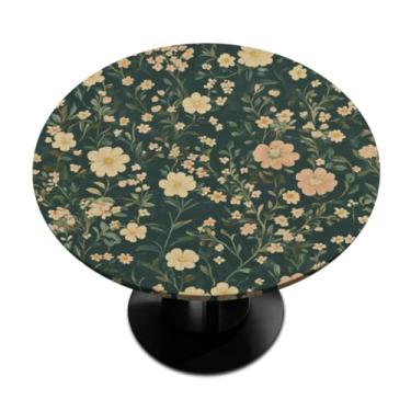 Imagem de Pardick Elegante toalha de mesa redonda de flores pequenas com elástico toalha de mesa redonda elástica, toalha de mesa impermeável, limpável, ajustada, serve para mesas de até 91 a 106 cm de diâmetro