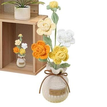 Imagem de Vaso de flores de crochê, rosas de crochê | Flores de crochê feitas à mão com vaso | Pequenos vasos de plantas, flores, mesa de crochê, decorações para aniversários, dia das mães, dia dos namorados