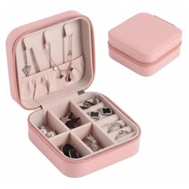 Imagem de Porta-Jóias Portátil de Viagem para Mulheres, Caixa Organizadora com Compartimentos para Colar, Brincos, Anéis e Pulseiras, Estojo Compacto com Zíper (Rosa)
