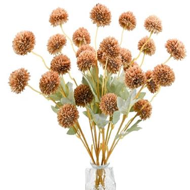 Imagem de Mandy's 6 hastes de seda marrom empoeirado Kiku Ball Flowers – Hastes artificiais de crisântemo para decoração de casa, casamento e mesa central, arranjo floral falso realista, estilo minimalista e