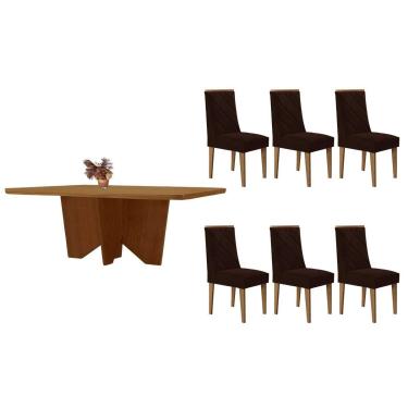 Imagem de Sala Jantar Mesa Nevada Tampo Curvo 180cm+6 Cadeiras Pietá Madeira Naturale - Capuccino/Corano Capuccino - Rufato