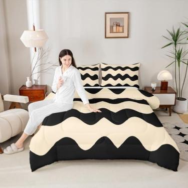 Imagem de Manfei Conjunto de edredom Queen com listras onduladas, preto creme, linhas geométricas, patchwork, 3 peças, para adolescentes e adultos, edredom moderno, estilo simples, 2 fronhas