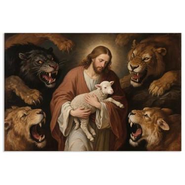 Imagem de Jesus Leão e Cordeiro Tela Arte de Parede Leão Pinturas Religiosas Decoração de Parede para Sala de Estar Jesus e Cordeiro Imagem para Igreja Decoração de Casa 45x30cm Pôster