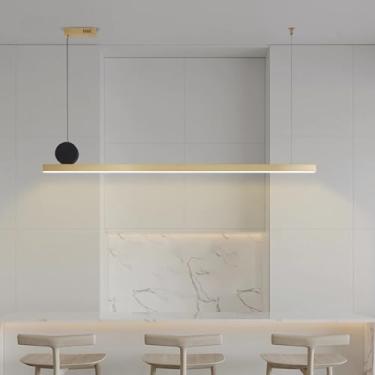 Imagem de Luminária pendente LED linear para ilha de cozinha, sala de jantar, com intensidade regulável e controle remoto, ideal para mesa de jantar, cozinha, escritório, bar e loja. Altura ajustável.