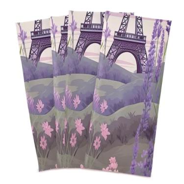 Imagem de Wassud Toalhas de cozinha Torre Eiffel lavanda (2) panos de prato de cozinha pacote com 4 panos de prato macios com laço para pendurar toalha de mão de secagem rápida super absorvente toalhas de chá