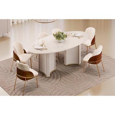 Imagem de Sala de Jantar Completa Liz c/ Tampo Madeirado c/ Vidro Oval 218x108cm e 6 Cadeiras Vitta Off White - Boucle Perola/Terracota - DJ Móveis