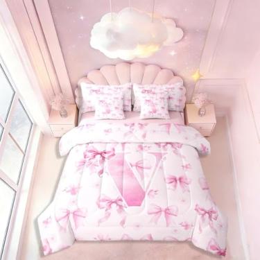 Imagem de Conjunto de cama Queen com letra V com letra V, estilo princesa Kawaii, com estampa de arco aquarela, edredom e lençol, fronhas e fronhas, decoração de quarto com laço romântico e sonhador