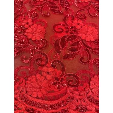 Imagem de Sedona Designz Tecido de renda floral Queen com cordão de 127 cm de largura com lantejoulas – Tecido bordado de malha com bordas recortadas para formatura, vestidos de noiva, decoração e projetos de