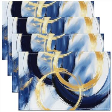 Imagem de Jogo americano geométrico abstrato para crianças, conjunto de 4, tapetes de mesa de arte tie-dye com pintura a tinta, decoração de cozinha moderna listrada, azul, dourado, simples, decoração de mesa