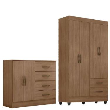 Imagem de Kit Guarda-roupa Solteiro 4 Portas E Cômoda Sapateira 2 Portas Lisa Carvalho Oak
