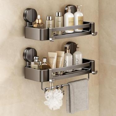 Imagem de VOLPONE Suporte de ventosa para chuveiro, pacote com 2 prateleiras de chuveiro de canto sem perfuração, organizador de chuveiros com barra de toalha e ganchos removíveis, prateleira de chuveiro de