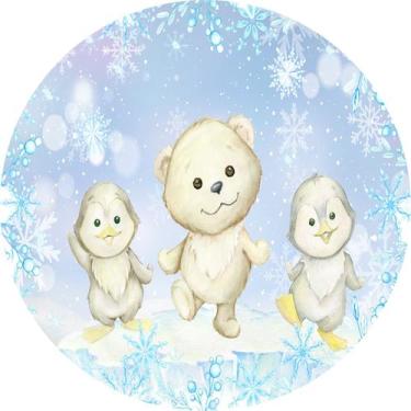 Imagem de Painel De Tecido Sublimado Redondo Ursinho Aquarela Frozen e Pinguins 