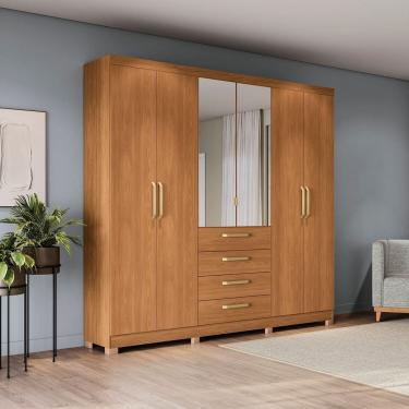 Imagem de Guarda-roupa 6 Portas e 4 Gavetas com Espelho e Pés de Madeira Open Canela