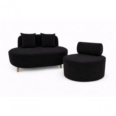 Imagem de Kit Sofá Orgânico Feijão Para Sala Quarto 115 Cm 02 Almofadas E Poltrona Orgânica Decorativa Flora Veludo Preto Do Lar