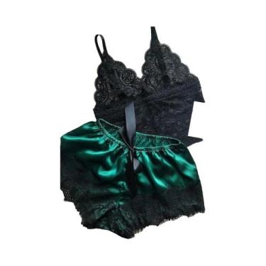 Imagem de Conjunto De Pijamas Femininos Sexy De Renda, Sem Mangas, Com Decote Em