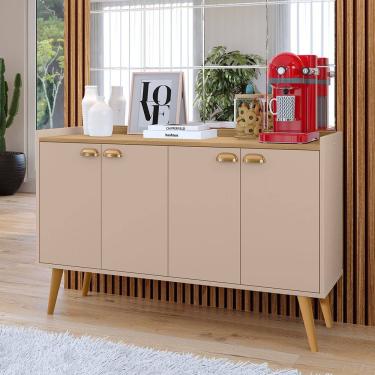 Imagem de  Aparador Buffet Kiev Cantinho Café 4 Portas Puxador Concha Prateleira Pés Retrô Sala Estar Cozinha - bege/marrom
