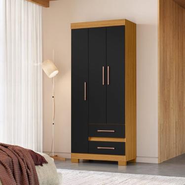 Imagem de Guarda-roupa Solteiro 3 Portas 2 Gavetas Saint Carvalho Americano/Preto