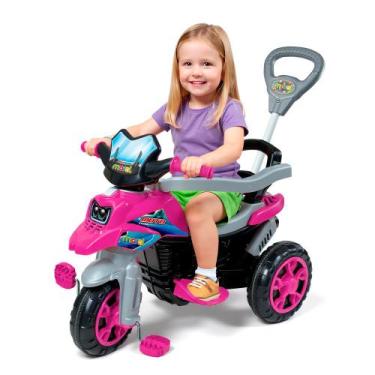 Imagem de Triciclo Moto Trail de Passeio Infantil Rosa com Haste Empurrador Mara