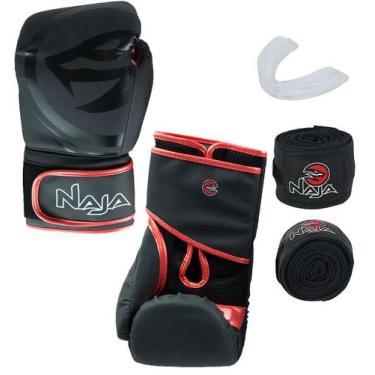 Imagem de Kit Luva de Boxe Naja Black + Protetor Bucal + Bandagem - Preta/Vermel