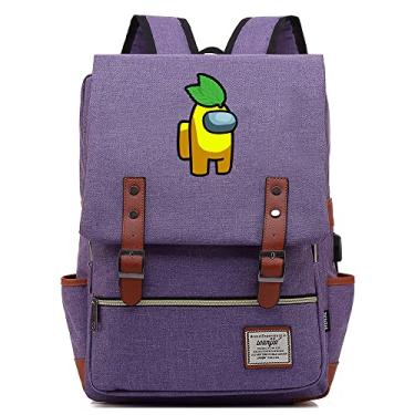 Imagem de Mochila retrô com estampa de jogo Among Game, mochila escolar retrô unissex (com USB), Roxa, Large, Clássico
