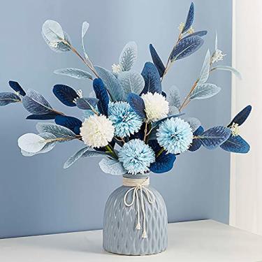 Imagem de Flores artificiais com vaso de cerâmica, folha de eucalipto, dente-de-leão, arranjos de flores, buquês, mesa, centros de mesa para decoração de mesa de sala de jantar, azul