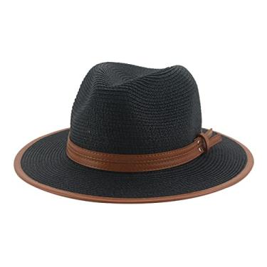 Imagem de Chapéu de palha Panamá verão feminino/masculino aba larga chapéu de cowboy Fedora com proteção UV, Preto, Tamanho Único