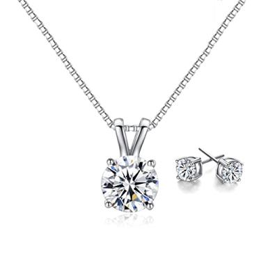 Imagem de WASAIE Conjunto de brincos femininos de solitário delicados, banhado a ouro branco, conjunto de joias de formatura simples com pingente de zircônia cúbica gargantilha e conjuntos de brincos de casamento para noivas, Latão, Zircônia cúbica