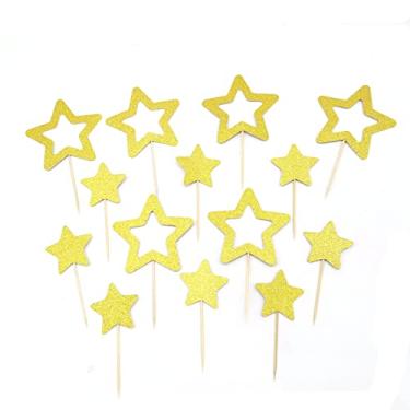 Imagem de Toppers de cupcake estrela dourada enfeites de cupcake de estrela pequena decoração de bolo estrela glitter decoração de bolo para festa aniversário cerimônia de casamento