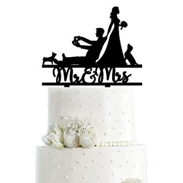 Imagem de Topo de bolo de casamento Mr and Mrs com tema engraçado para console de jogos de casamento chá de panela de aniversário topo de bolo (console de jogos e cães)